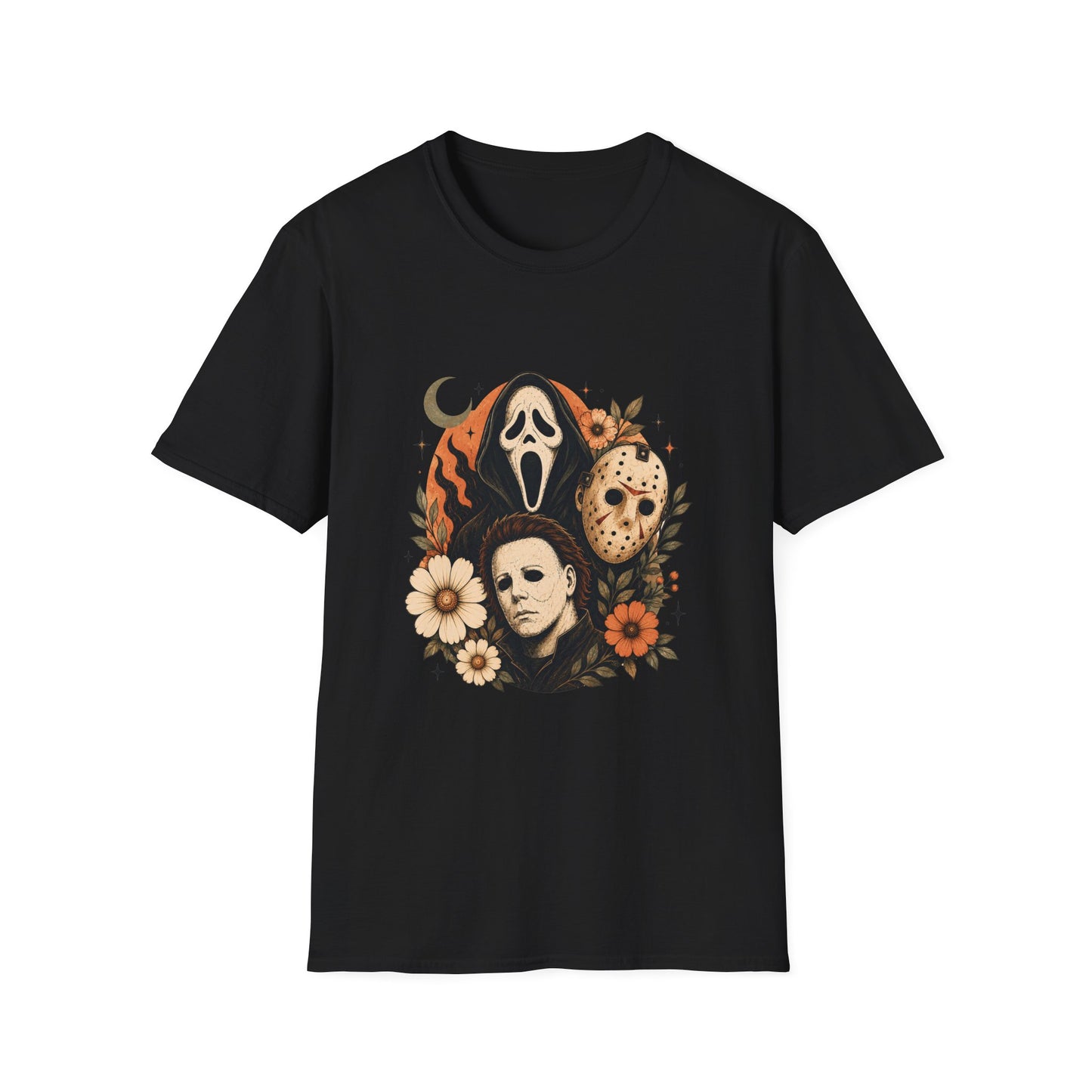 Halloween Horror Mask Crewneck T-Shirt — Scream, Michael Myers & Jason Graphic