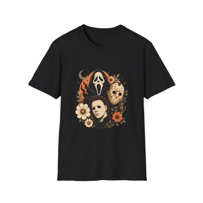 Halloween Horror Mask Crewneck T-Shirt — Scream, Michael Myers & Jason Graphic