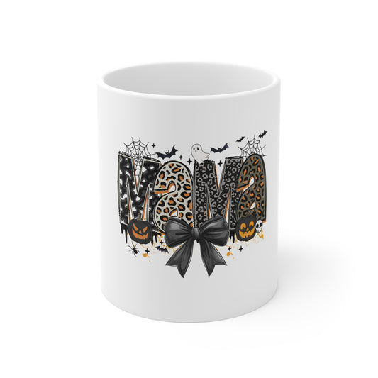 Halloween Mama Mug — Leopard Print Spooky Design with Pumpkins & Bats (11oz)