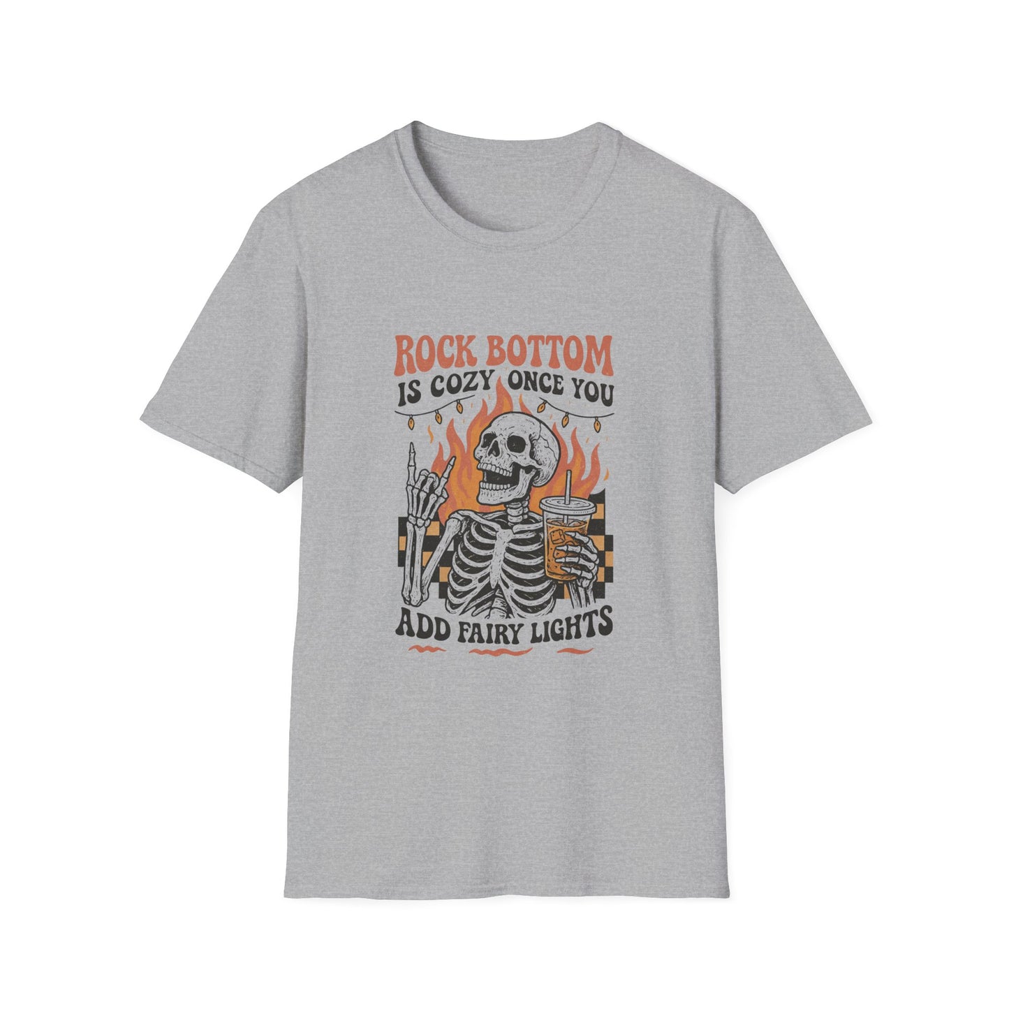 T-Shirt — "Rock Bottom Is Cozy Once You Add Fairy Lights" Skeleton Graphic Tee