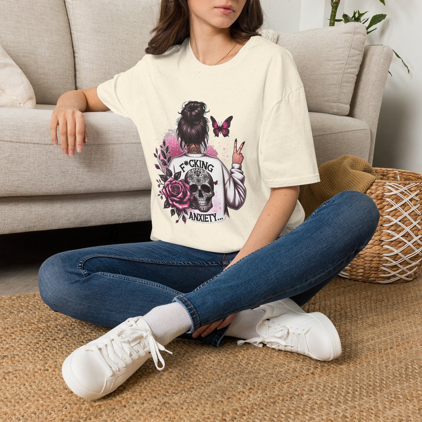 T-Shirt — "F*cking Anxiety" Floral Back Graphic Tee | Mental Health Awareness, Self-Care Gift