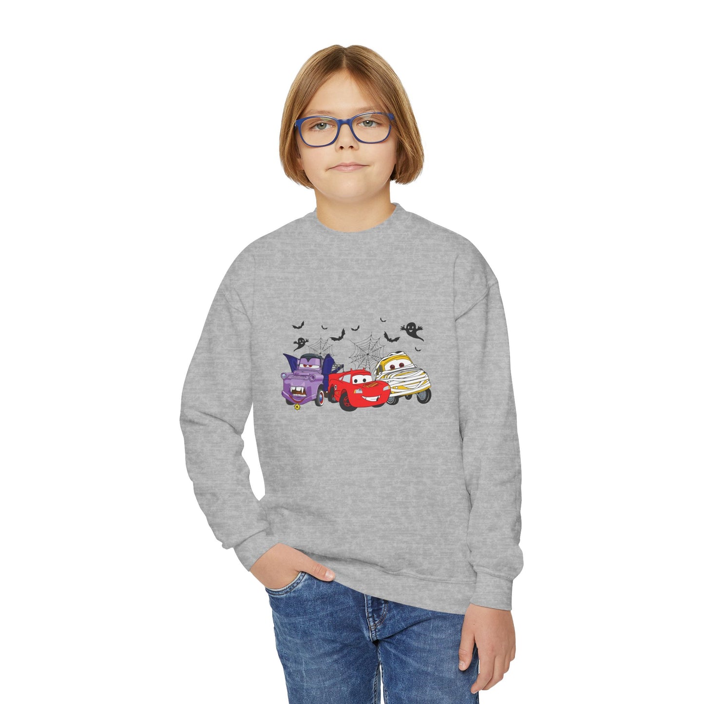 Kids Halloween Cars Crewneck Sweatshirt — Cute Haunted Car Trio Graphic