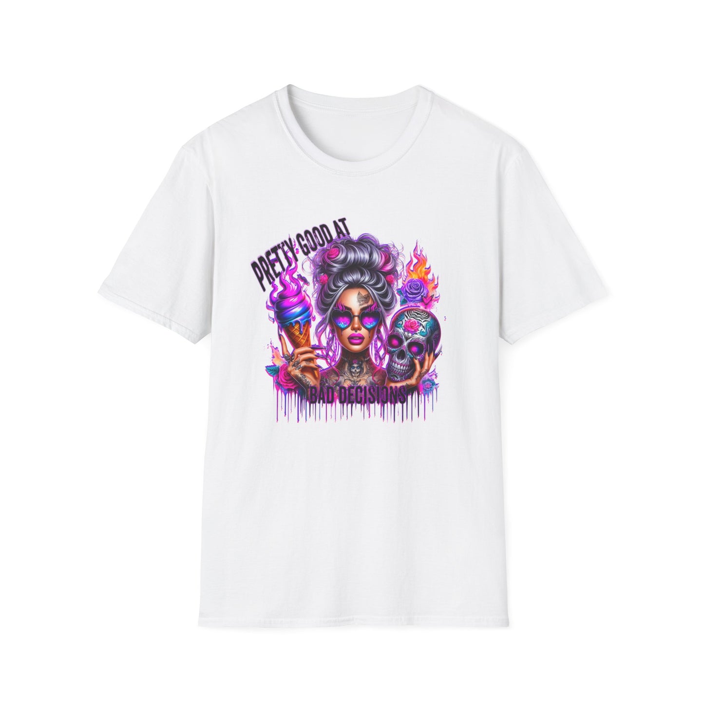 T-Shirt — "Pretty Good At" Colorful Glam Girl Skull Graphic Tee