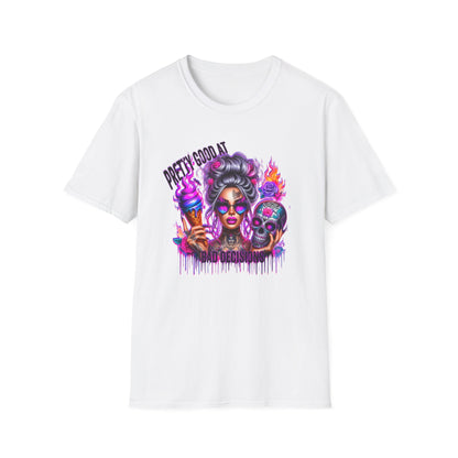 T-Shirt — "Pretty Good At" Colorful Glam Girl Skull Graphic Tee