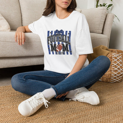Football Mom T‑Shirt — Patriotic Blue Stripes & Football Graphic