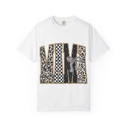 Leopard Checker MAMA Tee — Vintage-Inspired Mama Shirt with Bow Graphic