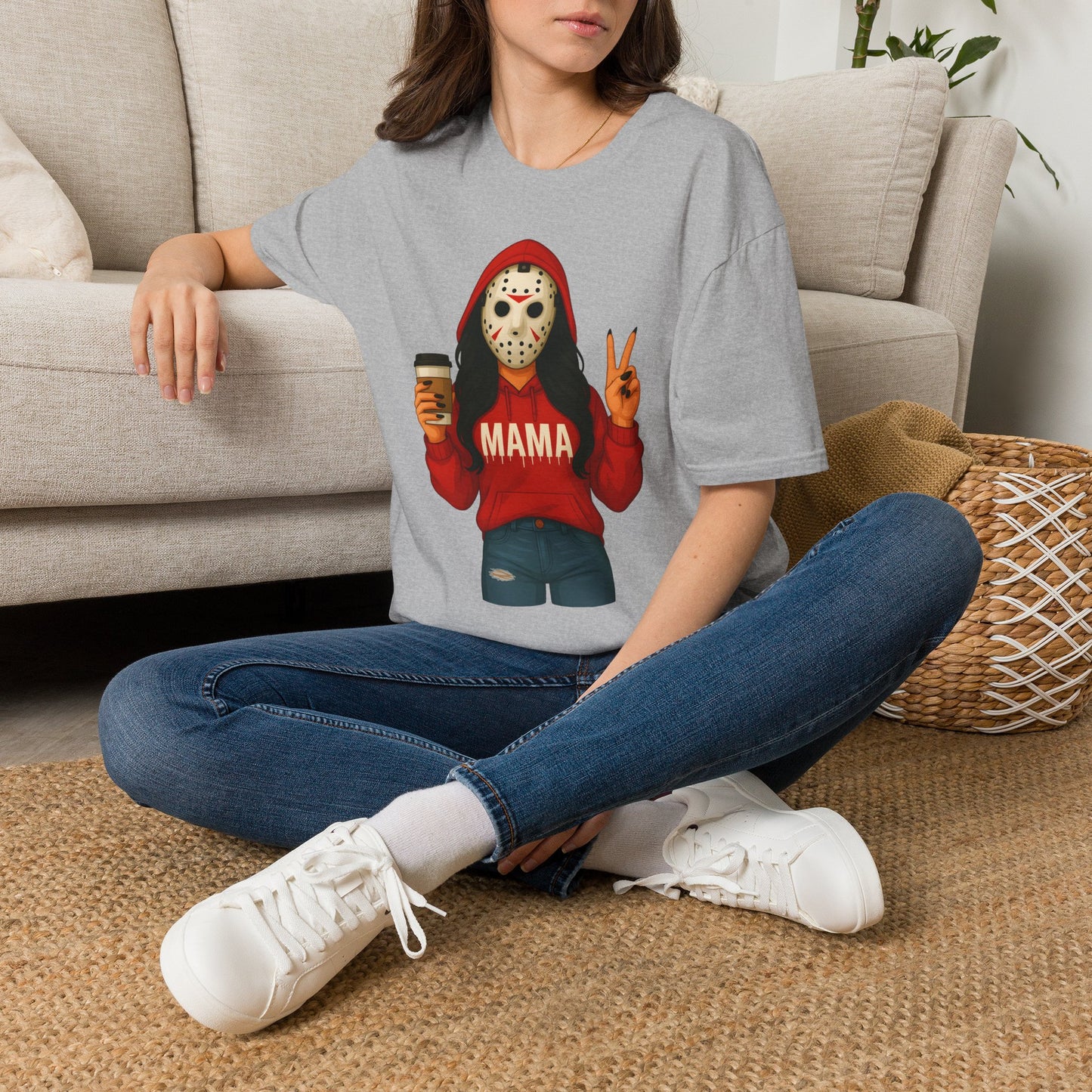 Horror Mama T‑Shirt — Jason Mask Mom with Coffee Graphic Tee