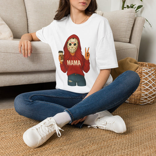 Mama Jason Horror Mask Graphic T-Shirt — Coffee-Loving Mom Halloween Tee