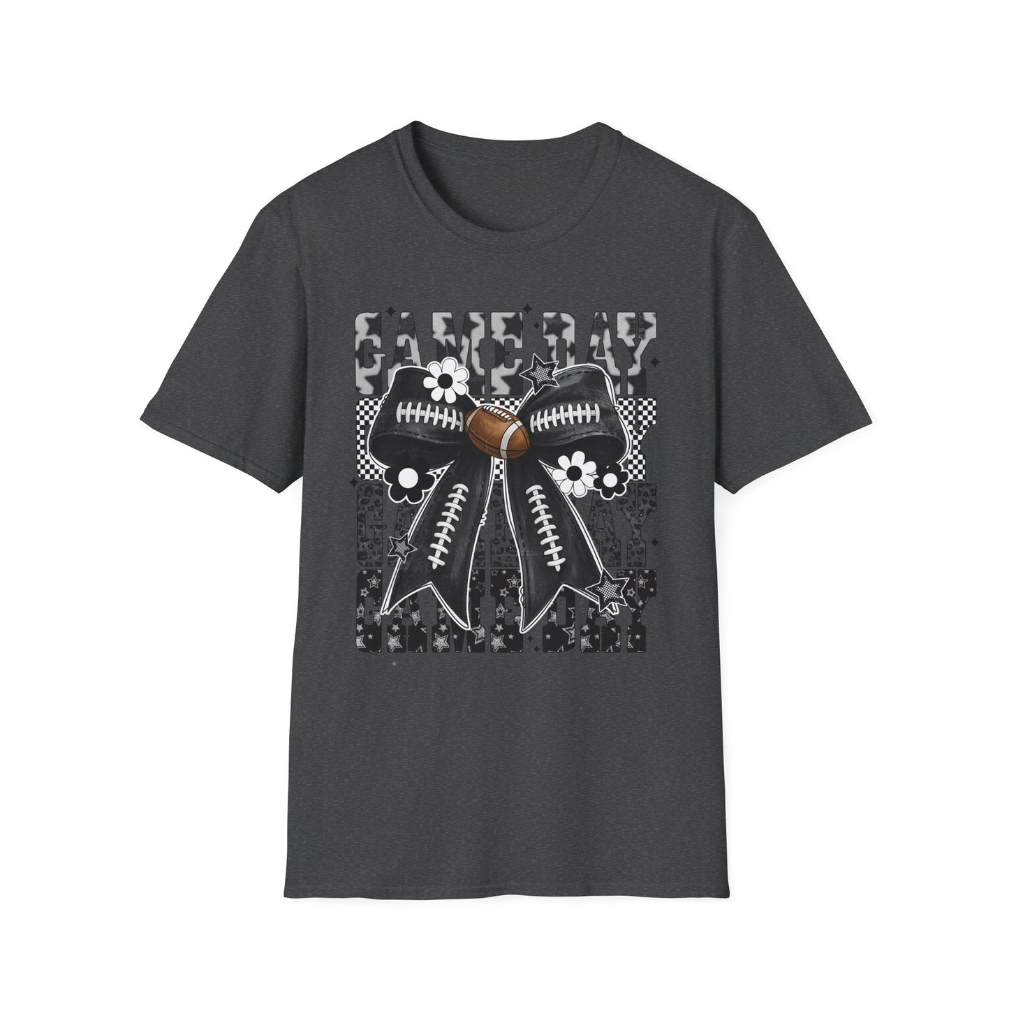 Gameday Football Bow T-Shirt — Floral Black & White Grunge Design
