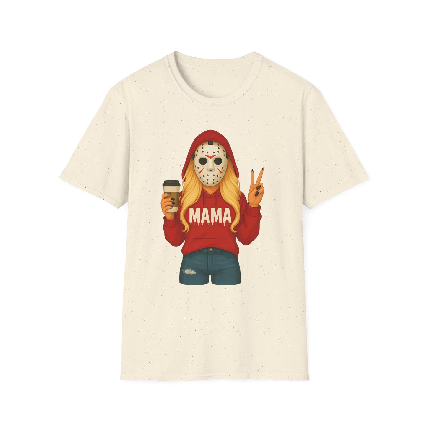 Mama Jason Horror Mask T-Shirt — Funny Mom Halloween Tee with Coffee & Peace Sign