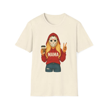 Mama Jason Horror Mask T-Shirt — Funny Mom Halloween Tee with Coffee & Peace Sign