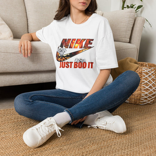 Halloween 'Just Boo It' Graphic T-Shirt — Playful Ghost Nike-Inspired Design