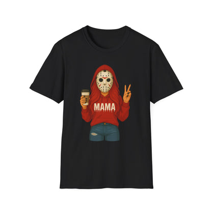 Mama Jason Horror Mask Graphic T-Shirt — Coffee-Loving Mom Halloween Tee