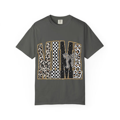 Leopard Checker MAMA Tee — Vintage-Inspired Mama Shirt with Bow Graphic