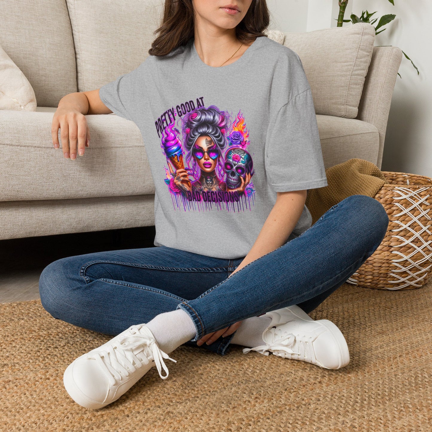 T-Shirt — "Pretty Good At" Colorful Glam Girl Skull Graphic Tee