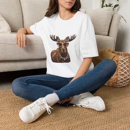 Moose Portrait Tee — Whimsical Moose Wearing Sunglasses & Pearls T-Shirt