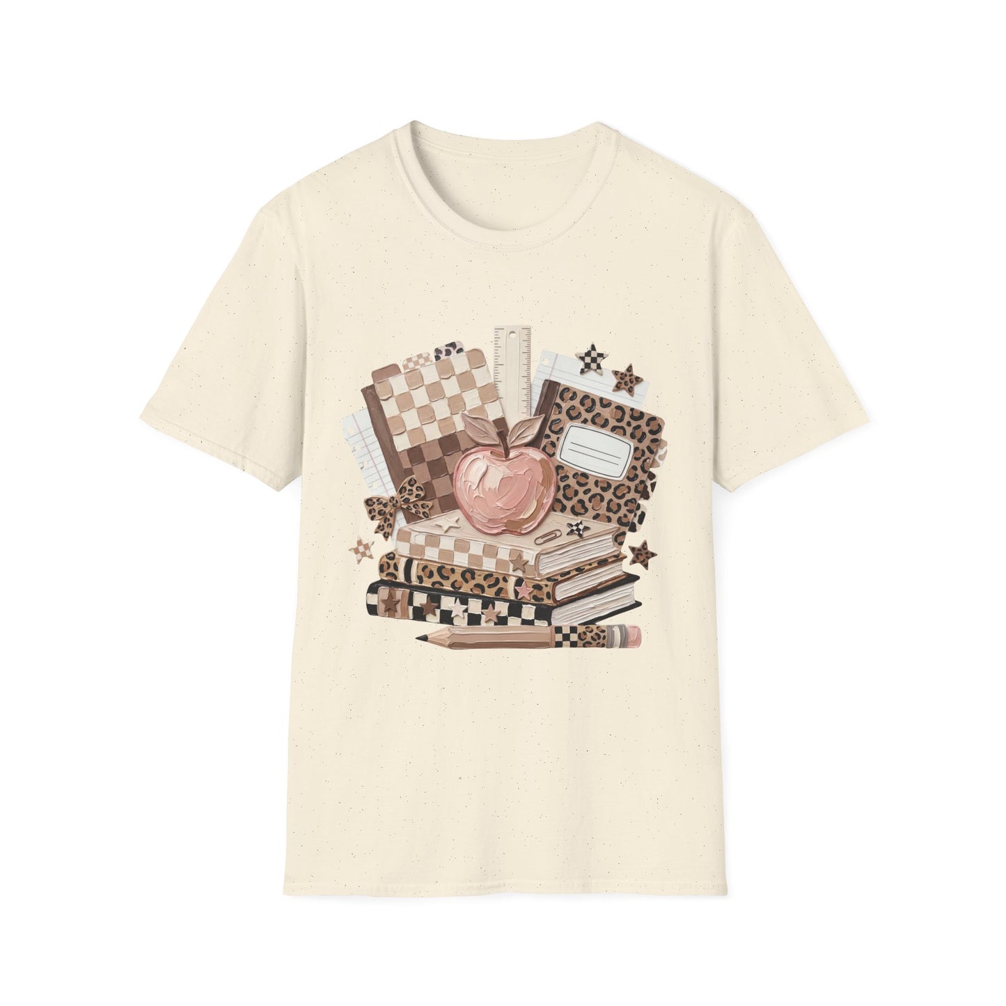 Teacher Apple & School Supplies T‑Shirt — Leopard Notebook Classroom Design