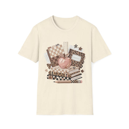 Teacher Apple & School Supplies T‑Shirt — Leopard Notebook Classroom Design