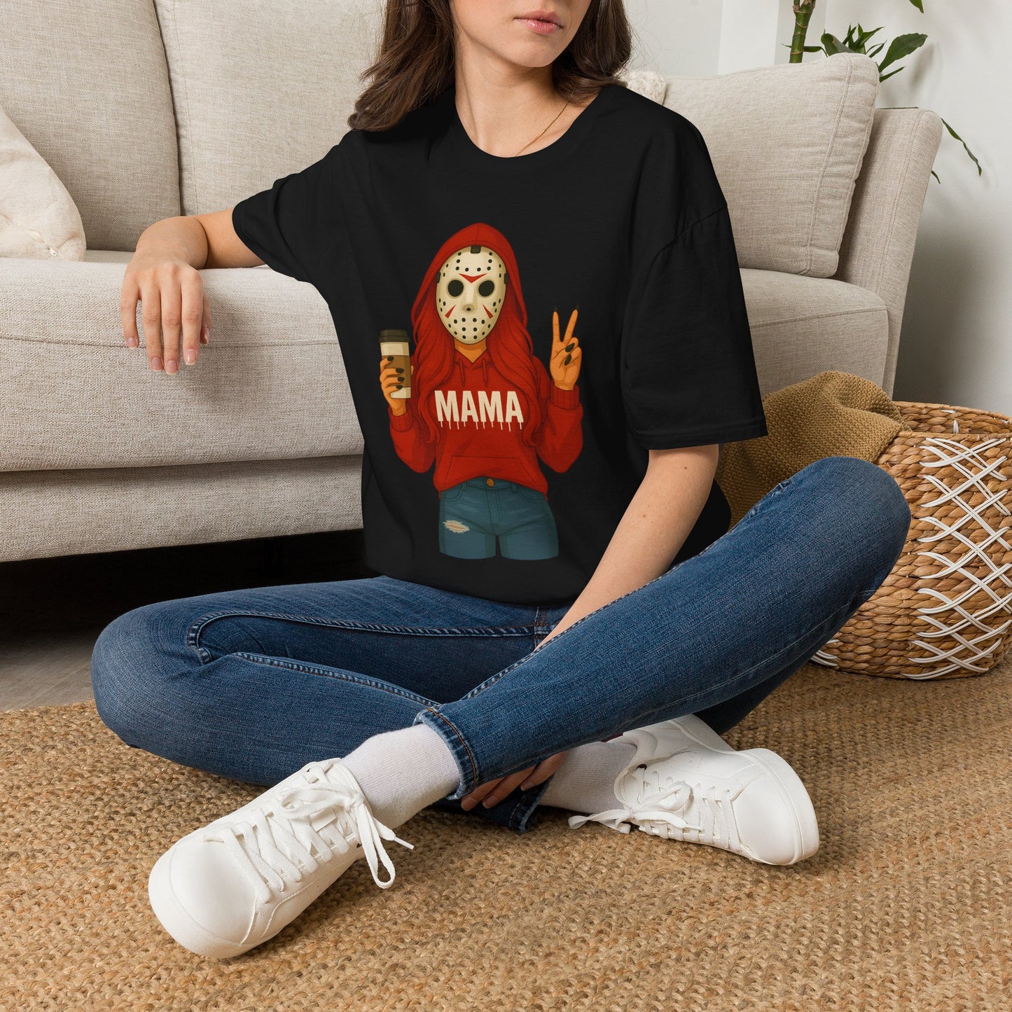 Mama Jason Horror Mask Graphic T-Shirt — Coffee-Loving Mom Halloween Tee