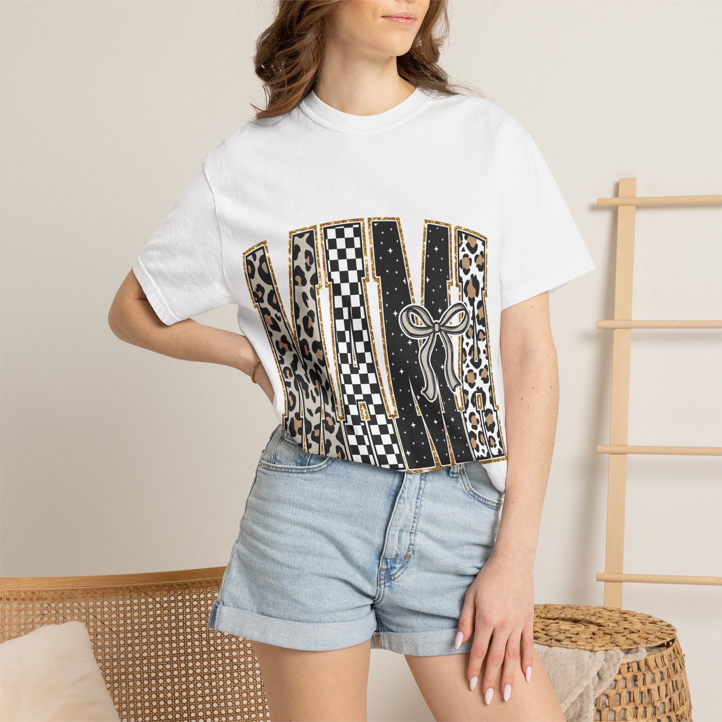 Leopard Checker MAMA Tee — Vintage-Inspired Mama Shirt with Bow Graphic