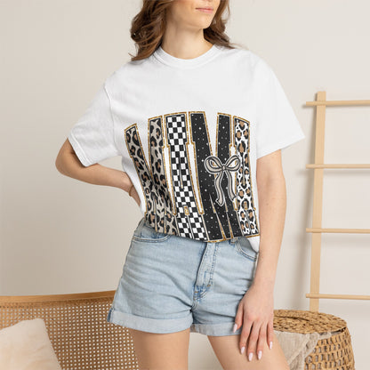 Leopard Checker MAMA Tee — Vintage-Inspired Mama Shirt with Bow Graphic