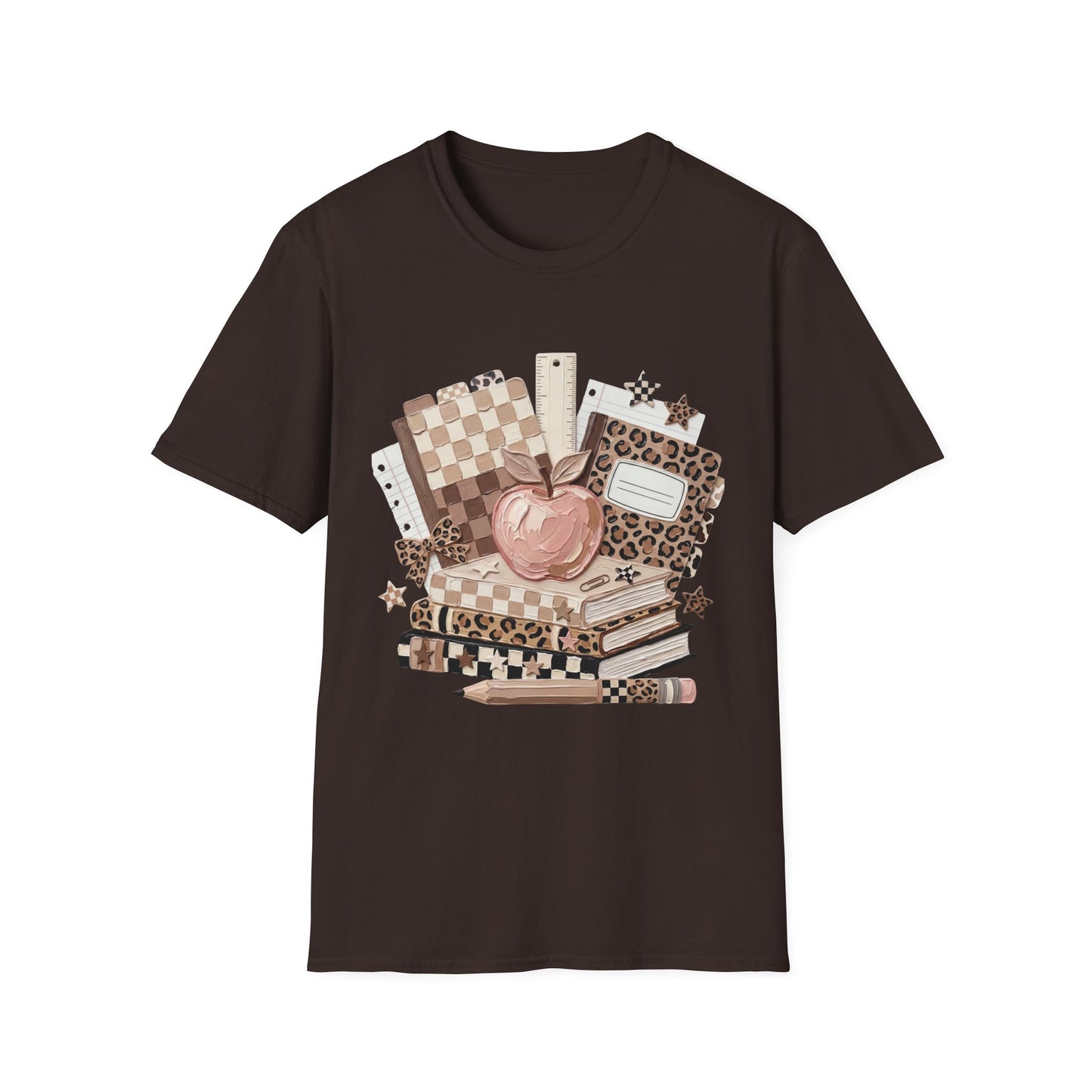 Teacher Apple & School Supplies T‑Shirt — Leopard Notebook Classroom Design