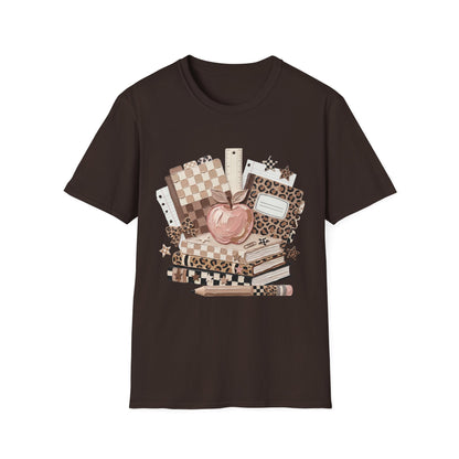 Teacher Apple & School Supplies T‑Shirt — Leopard Notebook Classroom Design