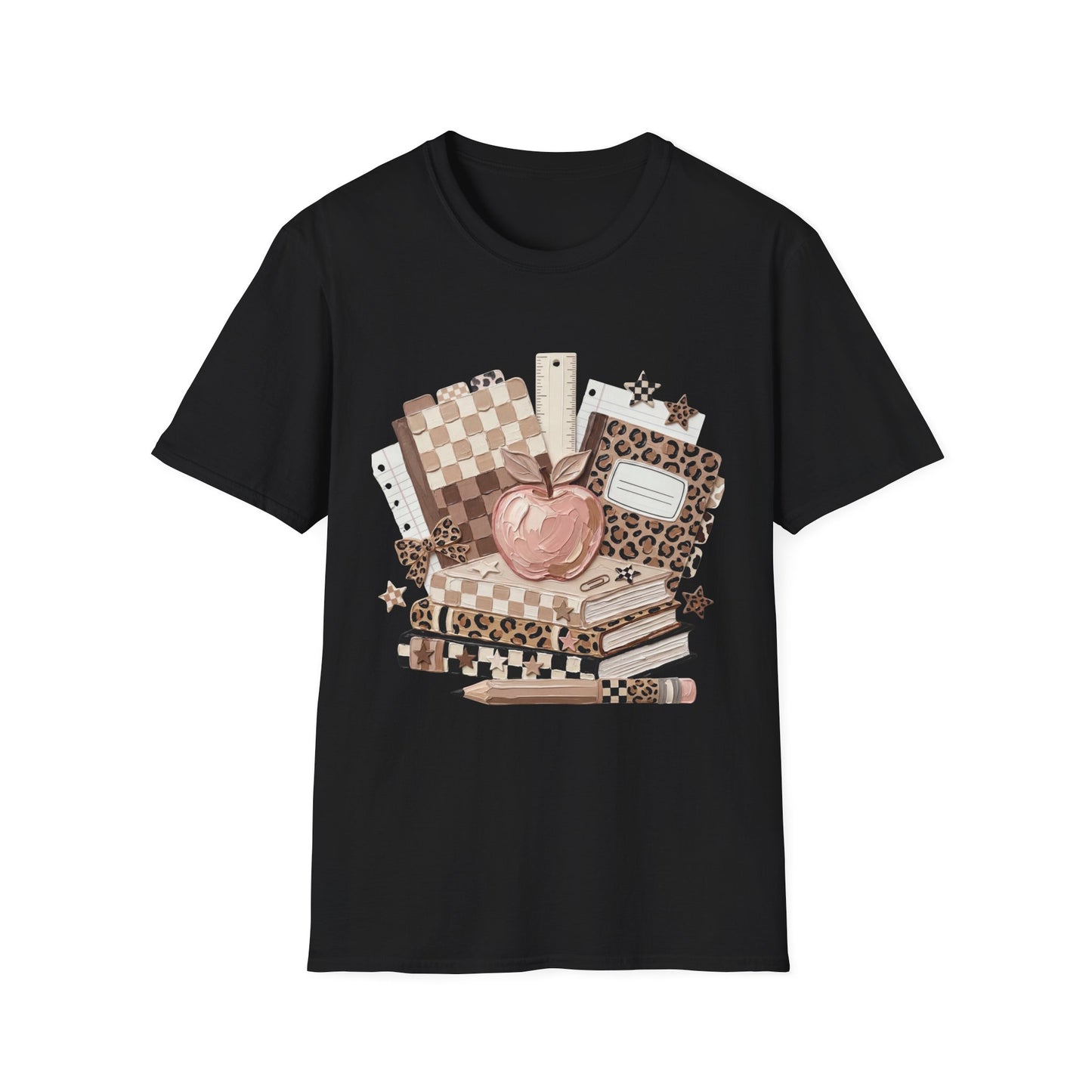 Teacher Apple & School Supplies T‑Shirt — Leopard Notebook Classroom Design