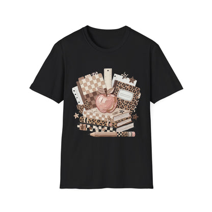 Teacher Apple & School Supplies T‑Shirt — Leopard Notebook Classroom Design