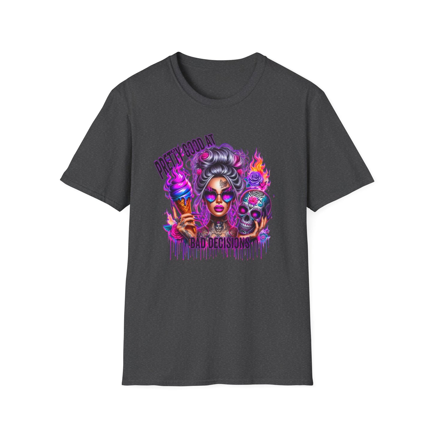 T-Shirt — "Pretty Good At" Colorful Glam Girl Skull Graphic Tee